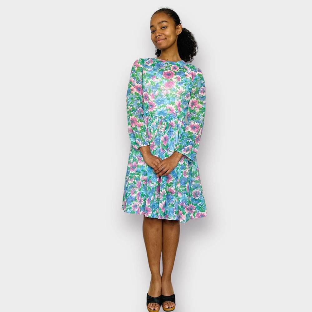 60s Pink and Blue Floral Dress - Picture 3 of 7